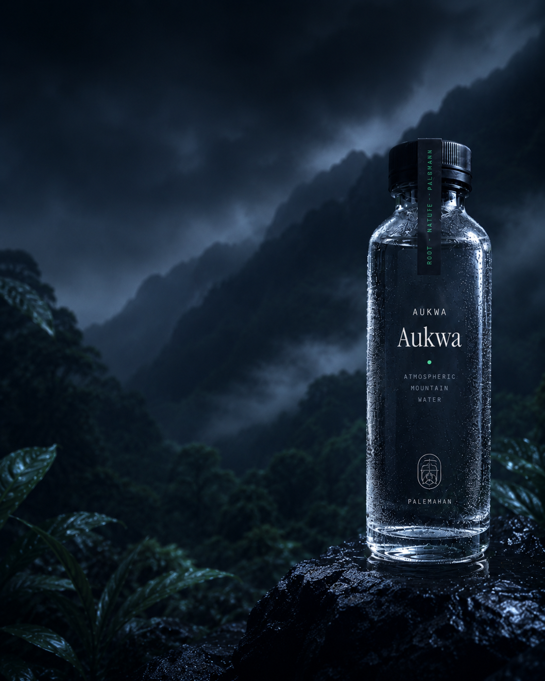 AUKWA atmospheric mountain water — dark glass bottle on volcanic rock with cloud-forest backdrop
