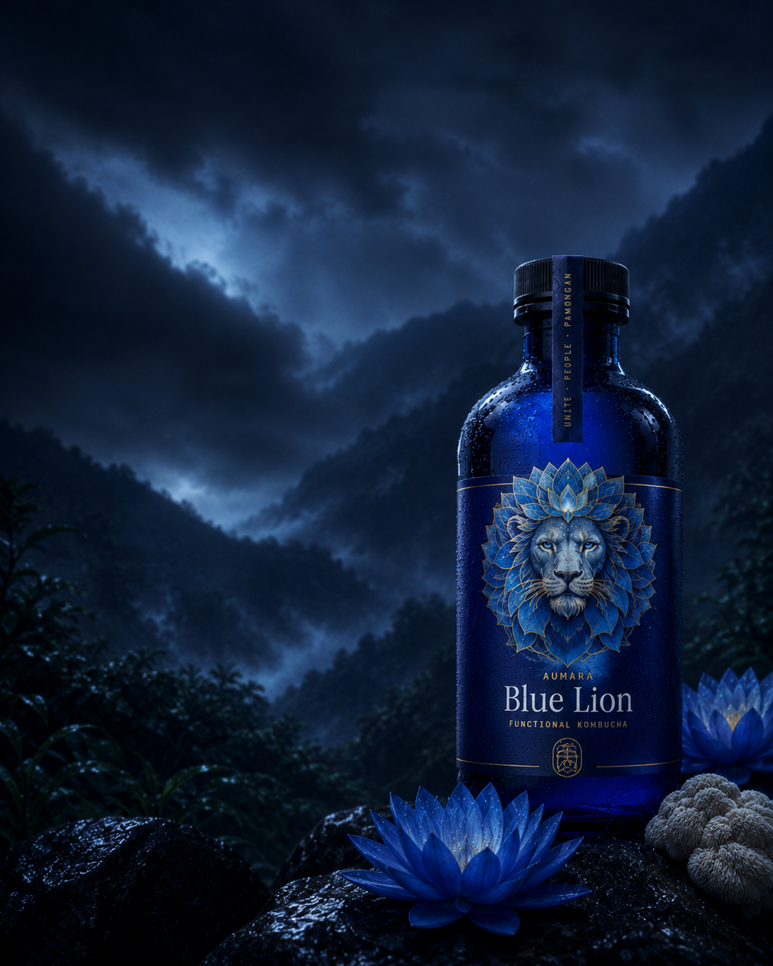 Blue Lion functional kombucha — cobalt blue bottle with lion-lotus emblem, blue lotus flowers at base
