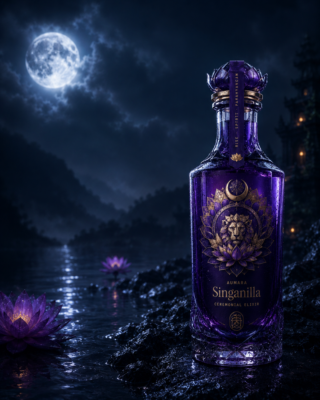 Singanilla ceremonial elixir — sculpted violet glass bottle with golden lion-lotus emblem under a full moon